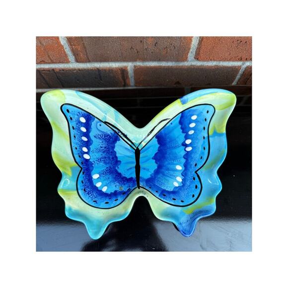 Grasslands Road Butterfly Trinket or Soap Dish Ceramic Vibrant Blues and Greens - Picture 1 of 4